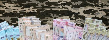 Ukrayna hrivnya 'sı Ukrayna askeri piksel kamuflajlı kumaş dokusuna sahip. Gri, kahverengi ve yeşil pikselli kamuflaj desenli kumaş. Ukrayna askerlerinin resmi üniforması yaklaşıyor.