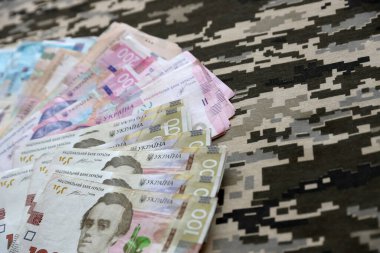 Ukrayna hrivnya 'sı Ukrayna askeri piksel kamuflajlı kumaş dokusuna sahip. Gri, kahverengi ve yeşil pikselli kamuflaj desenli kumaş. Ukrayna askerlerinin resmi üniforması yaklaşıyor.