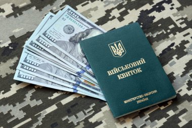 Ukrayna askeri kimliği ve piksel kamuflaj dokusuna sahip kumaş üzerine Amerikan doları banknotları. Gri, kahverengi ve yeşil pikselli kamuflaj desenli kumaş Ukrayna ordusunun kişisel jetonuyla yakın plan..
