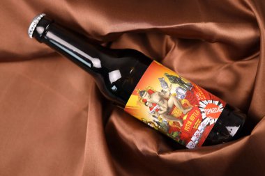 KHARKIV, UKRAINE - NOVEMBER 3, 2021: A bottle of beer featuring Russian President Vladimir Putin is called Putin Huilo literally Dickhead Putin brewed in Pravda Beer Theater restaurant in Lviv