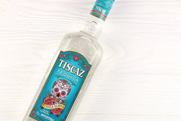 Kharkiv Ukraine 2021年11月3日 Tiscaz Tequila酒精瓶 带有传统墨西哥风格 瓶子表面的艺术设计 — 图库照片