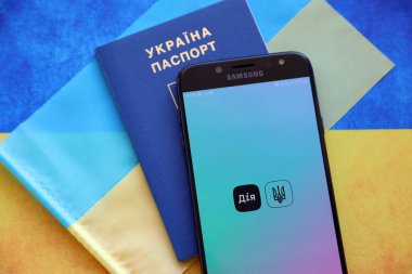 TERNOPIL, UKRAINE - APRIL 24, 2022: Diia app on smartphone screen. Diya is a mobile application with web portal and a brand of e-governance in Ukraine for citizens