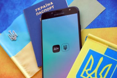 TERNOPIL, UKRAINE - APRIL 24, 2022: Diia app on smartphone screen. Diya is a mobile application with web portal and a brand of e-governance in Ukraine for citizens