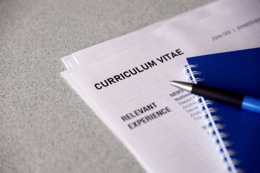 Kalem ve not defterine yakın masadaki özgeçmiş ve CV formları da dahil olmak üzere ofis belgelerinin üst görüntüsü. İş arama süreci. İş yeri konsepti için avlanma