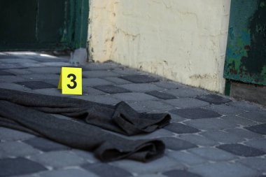 Akşamları arka bahçede numaralandırılan sarı CSI işaretli kanıt. Olay yeri inceleme süreci kavramı