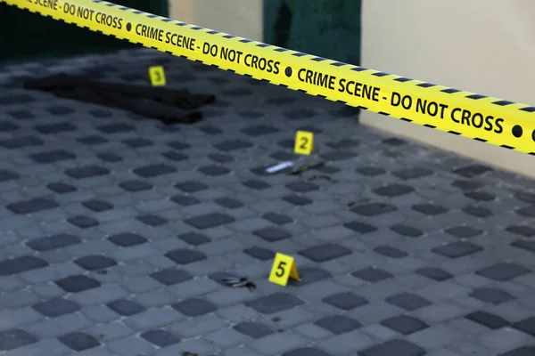 Crime Scene Tape Covering Area Cordon Yellow Tape Blurred Forensic — Foto de Stock