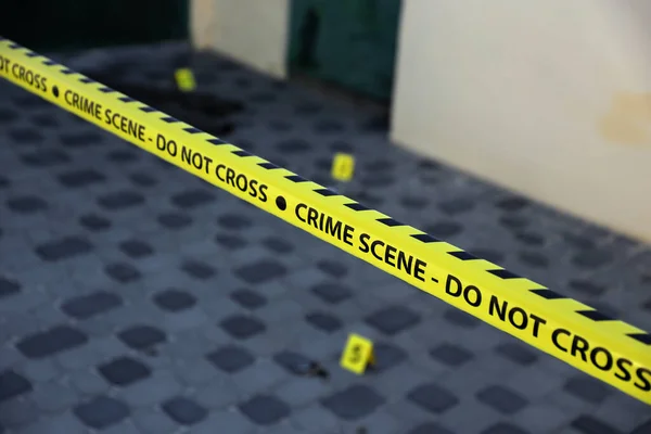 Crime Scene Tape Covering Area Cordon Yellow Tape Blurred Forensic —  Fotos de Stock