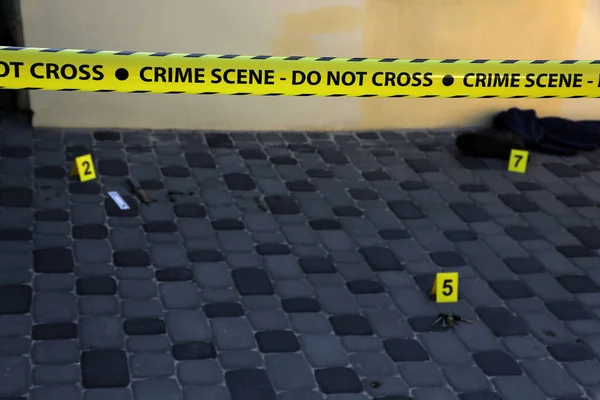 Crime Scene Tape Covering Area Cordon Yellow Tape Blurred Forensic — Photo