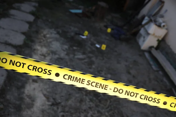 Crime Scene Tape Covering Area Cordon Yellow Tape Blurred Forensic —  Fotos de Stock