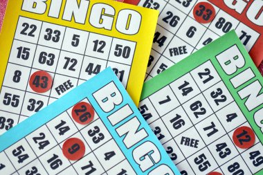 Many colorful bingo boards or playing cards for winning chips. Classic american or canadian five to five bingo cards on bright background
