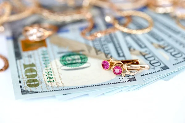 Many Expensive Golden Jewerly Rings Earrings Necklaces Big Amount Dollar — Foto de Stock