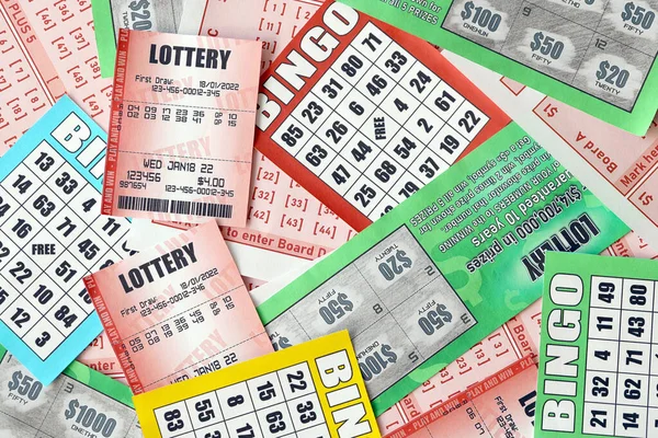 Many Used Lottery Tickets Bills Numbers Bingo Playing Boards Big — Fotografia de Stock