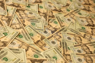 Big amount of old 20 dollar bills details on macro photography. Money earnings, payday or tax paying period concept