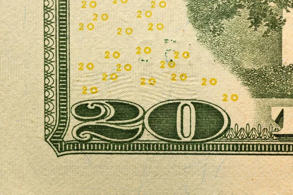 Makro Záběr Částí Dolarů Bankovky Dvacet Dolarů Bankovky Zavřít Fotografii — Stock fotografie