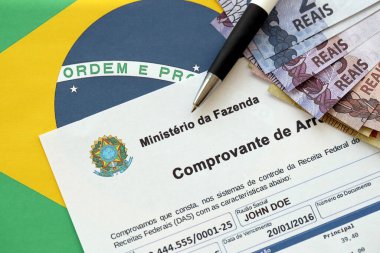 TERNOPIL, UKRAINE - 20 Mayıs 2022: Ministerio da Fazenda logosuyla toplanan kanıt - Bakanlık, ülkelerin ekonomik, mali ve mali politikalarının formüle edilmesi ve uygulanmasından sorumludur