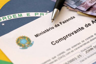 TERNOPIL, UKRAINE - 20 Mayıs 2022: Ministerio da Fazenda logosuyla toplanan kanıt - Bakanlık, ülkelerin ekonomik, mali ve mali politikalarının formüle edilmesi ve uygulanmasından sorumludur