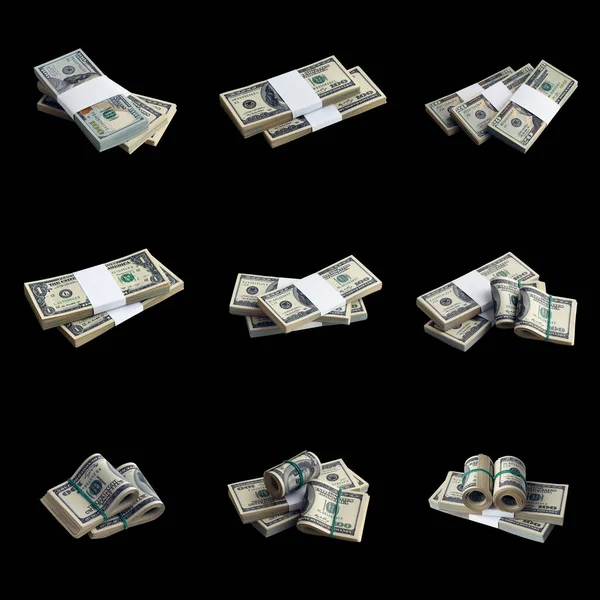 Big Set Bundles Dollar Bills Isolated Black Collage Many Packs — Stock Photo, Image