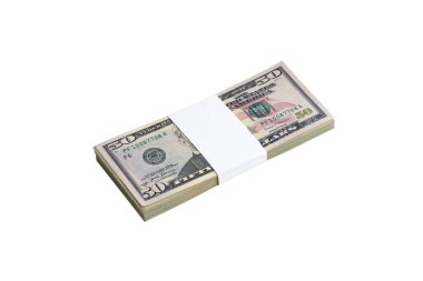 Beyaza izole edilmiş bir deste Amerikan doları. Tasarım nesnesi olarak mükemmel beyaz arkaplan üzerinde yüksek çözünürlüklü Amerikan parası paketi