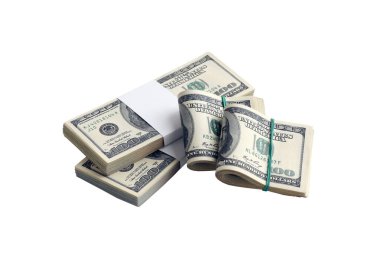 Beyaza izole edilmiş bir deste Amerikan doları. Tasarım nesnesi olarak mükemmel beyaz arkaplan üzerinde yüksek çözünürlüklü Amerikan parası paketi