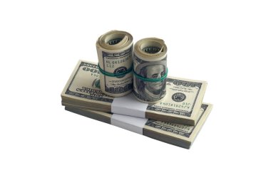 Beyaza izole edilmiş bir deste Amerikan doları. Tasarım nesnesi olarak mükemmel beyaz arkaplan üzerinde yüksek çözünürlüklü Amerikan parası paketi