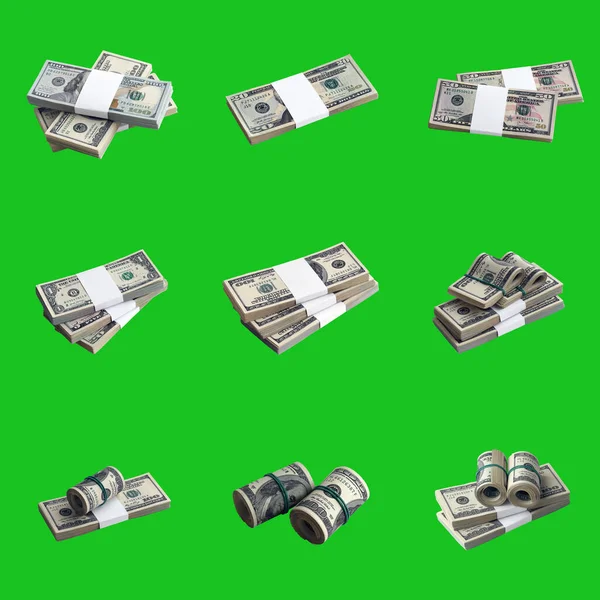 Big Set Bundles Dollar Bills Isolated Chroma Key Green Collage — Stock Photo, Image