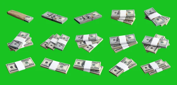 Big Set Bundles Dollar Bills Isolated Chroma Key Green Collage — Stock Photo, Image