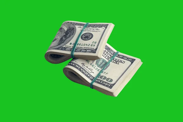 Пакет Купюр Долларах Сша Изолированных Зеленом Хрома Кейере Пачка Денег — стоковое фото