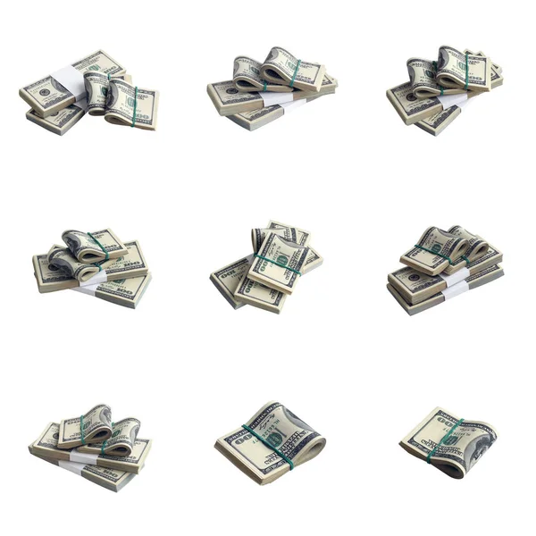 Stora Buntar Med Dollarsedlar Isolerade Vitt Collage Med Många Paket — Stockfoto
