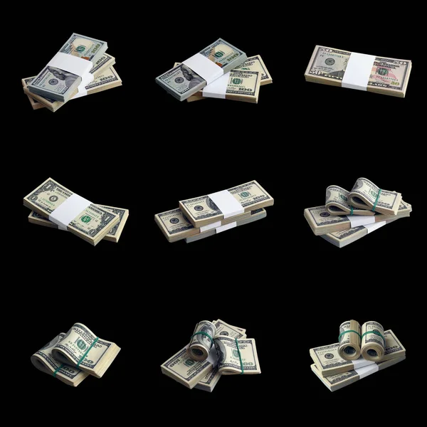 Gran Conjunto Paquetes Billetes Dólar Estadounidense Aislados Negro Collage Con —  Fotos de Stock