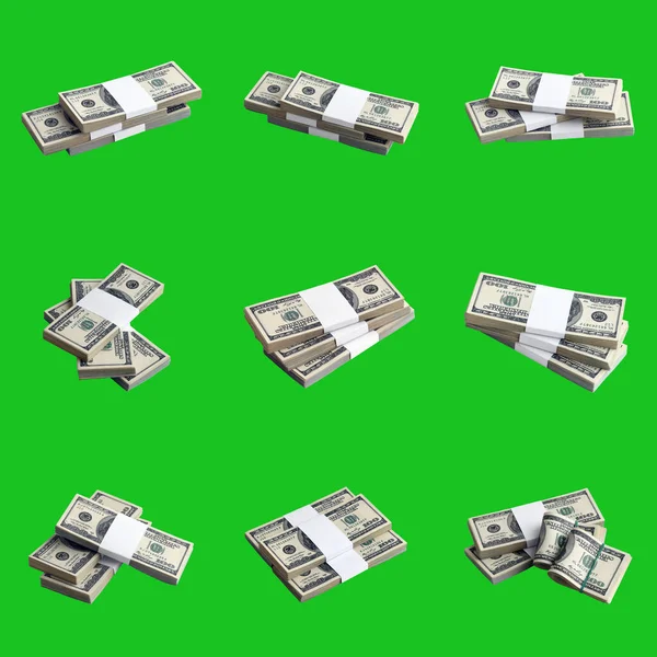 Stor Uppsättning Buntar Dollarsedlar Isolerade Chroma Key Green Collage Med — Stockfoto