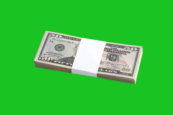 Paquet Billets Dollars Isolés Sur Chroma Keyer Green Pack Argent — Photo