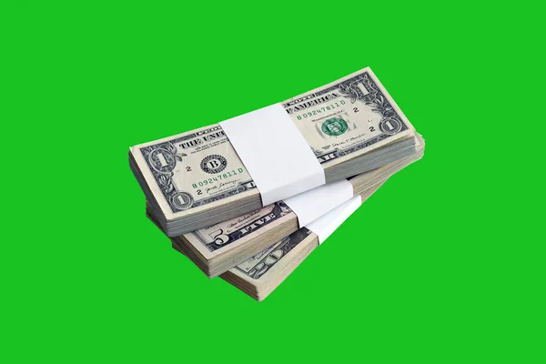 Paket Med Dollarsedlar Isolerade Chroma Keyer Grön Förpackning Amerikanska Pengar — Stockfoto