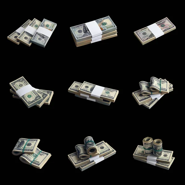 Grande Conjunto Pacotes Notas Dólares Americanos Isolados Preto Colagem Com — Fotografia de Stock