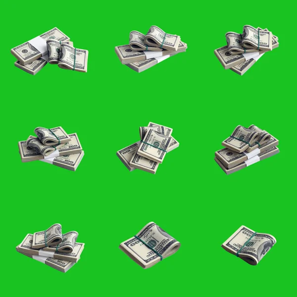 Duży Zestaw Pakietów Banknotów Dolarowych Odizolowanych Zielono Kolaż Wieloma Paczkami — Zdjęcie stockowe
