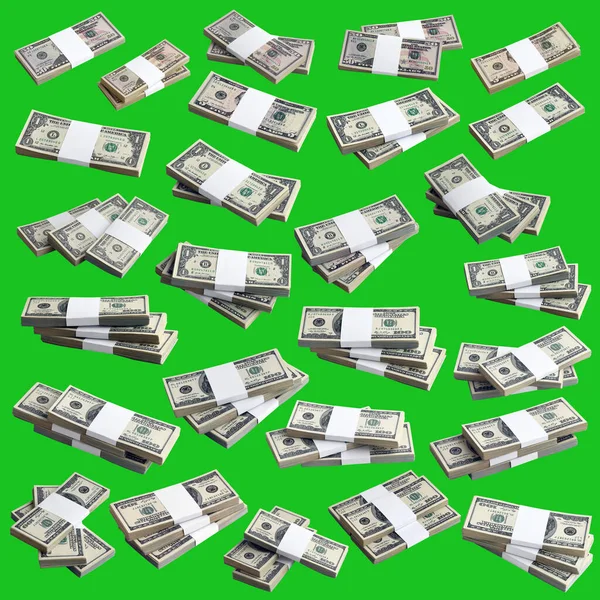 Μεγάλες Δέσμες Χαρτονομισμάτων Που Απομονώθηκαν Στο Πράσινο Χρώμα Κολάζ Πολλά — Φωτογραφία Αρχείου