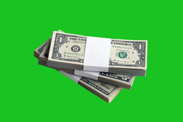 Ένα Μάτσο Χαρτονομίσματα Των Ηπα Απομονωμένα Στο Πράσινο Χρώμα Πακέτο — Φωτογραφία Αρχείου
