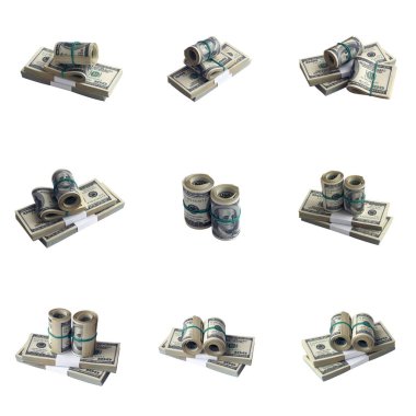 Beyaz üzerine izole edilmiş bir deste Amerikan doları. Mükemmel beyaz arkaplan rengine sahip yüksek çözünürlüklü bir sürü Amerikan parasıyla kolaj