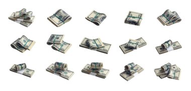 Beyaz üzerine izole edilmiş bir deste Amerikan doları. Mükemmel beyaz arkaplan rengine sahip yüksek çözünürlüklü bir sürü Amerikan parasıyla kolaj