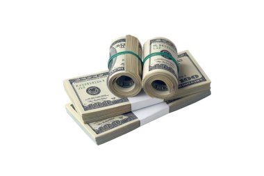 Beyaza izole edilmiş bir deste Amerikan doları. Tasarım nesnesi olarak mükemmel beyaz arkaplan üzerinde yüksek çözünürlüklü Amerikan parası paketi