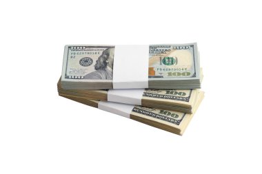 Beyaza izole edilmiş bir deste Amerikan doları. Tasarım nesnesi olarak mükemmel beyaz arkaplan üzerinde yüksek çözünürlüklü Amerikan parası paketi