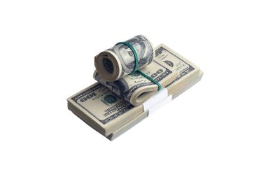 Beyaza izole edilmiş bir deste Amerikan doları. Tasarım nesnesi olarak mükemmel beyaz arkaplan üzerinde yüksek çözünürlüklü Amerikan parası paketi