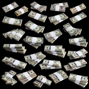 Siyah üzerine izole edilmiş bir deste Amerikan doları. Mükemmel siyah arkaplan rengine sahip yüksek çözünürlüklü bir sürü Amerikan parasıyla kolaj