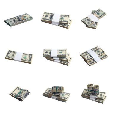 Beyaz üzerine izole edilmiş bir deste Amerikan doları. Mükemmel beyaz arkaplan rengine sahip yüksek çözünürlüklü bir sürü Amerikan parasıyla kolaj