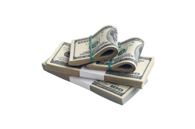 Beyaza izole edilmiş bir deste Amerikan doları. Tasarım nesnesi olarak mükemmel beyaz arkaplan üzerinde yüksek çözünürlüklü Amerikan parası paketi