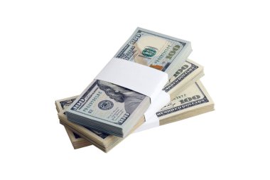 Beyaza izole edilmiş bir deste Amerikan doları. Tasarım nesnesi olarak mükemmel beyaz arkaplan üzerinde yüksek çözünürlüklü Amerikan parası paketi