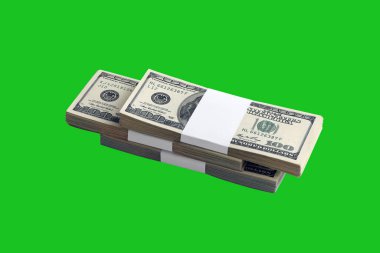 Krom anahtar yeşili üzerinde izole edilmiş bir deste Amerikan doları. Tasarım objesi olarak mükemmel yeşil maske üzerinde yüksek çözünürlüklü Amerikan parası paketi
