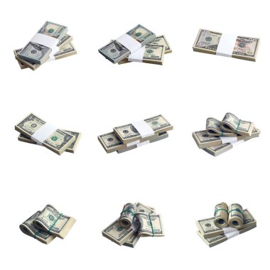 Beyaz üzerine izole edilmiş bir deste Amerikan doları. Mükemmel beyaz arkaplan rengine sahip yüksek çözünürlüklü bir sürü Amerikan parasıyla kolaj