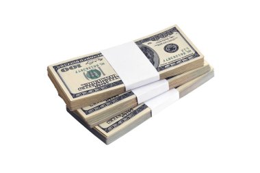 Beyaza izole edilmiş bir deste Amerikan doları. Tasarım nesnesi olarak mükemmel beyaz arkaplan üzerinde yüksek çözünürlüklü Amerikan parası paketi