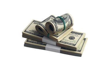 Beyaza izole edilmiş bir deste Amerikan doları. Tasarım nesnesi olarak mükemmel beyaz arkaplan üzerinde yüksek çözünürlüklü Amerikan parası paketi