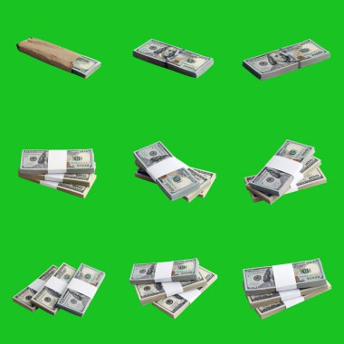 Krom anahtar yeşile izole edilmiş bir sürü Amerikan doları. Mükemmel yeşil arka plan maskesi ile yüksek çözünürlüklü bir sürü Amerikan parasıyla kolaj